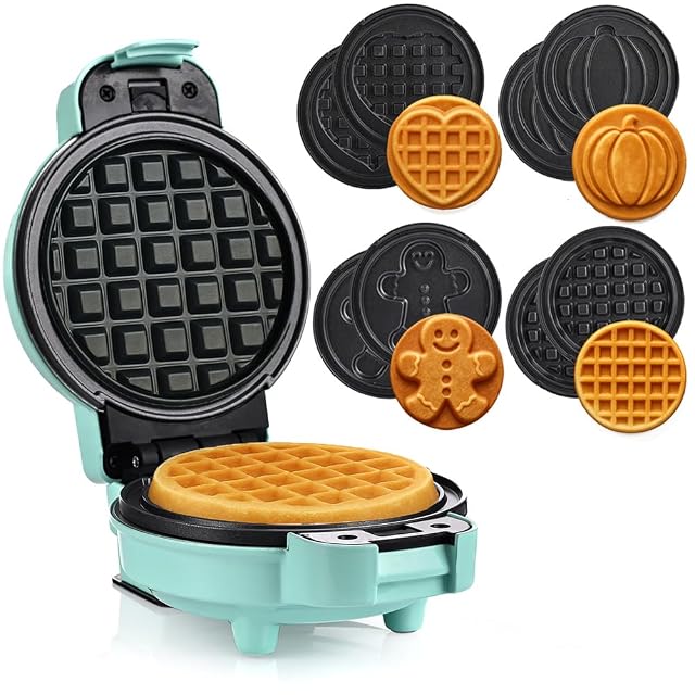 LEHMANN 4-in-1 mini waffle maker in mint green with four interchangeable plates